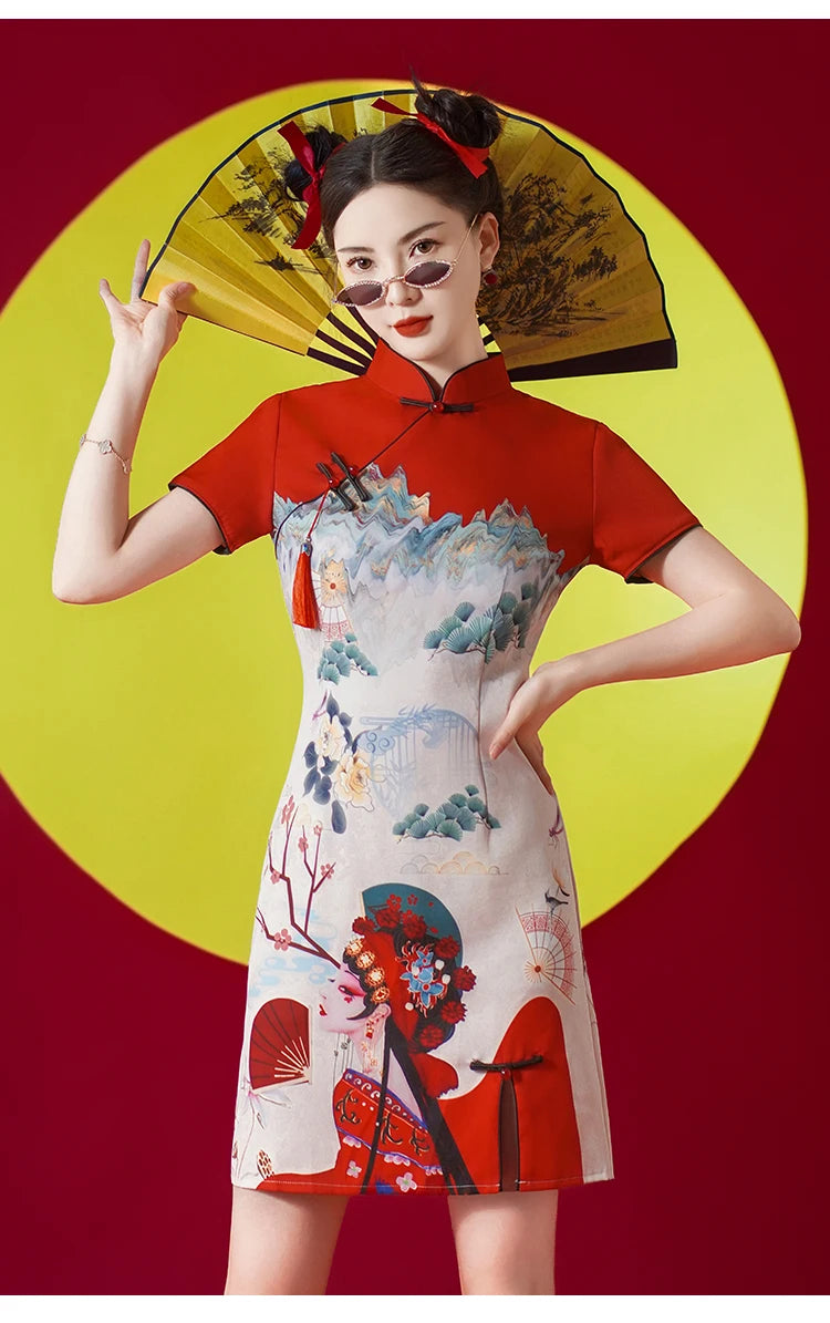 Women's Modern Cheongsam Dress - Red Retro Floral Print Qipao Modern Chic Chinese Style Party Dress