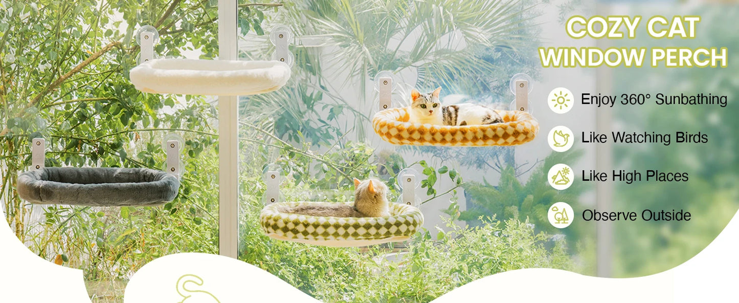 Mewoofun Foldable Cat Window Perch with 4 Strong Suction Cups Cordless Cat Window Hammock Removable Soft Cover White Brown Green