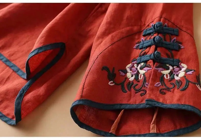 2023 Chinese Style Embroidery Blouse for Women  Summer O-neck Short Sleeve Cotton and  Linen traditional Tang suit Top