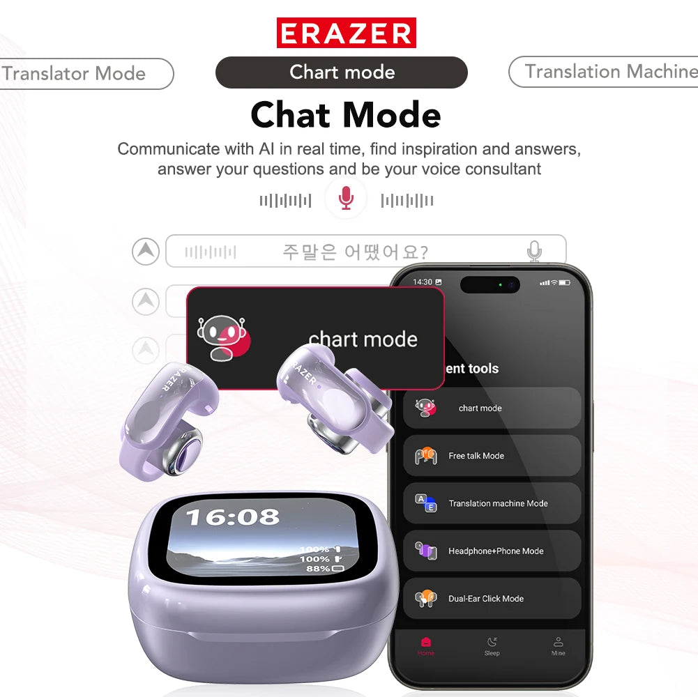 Translator ERAZER XF28 Bluetooth V6.0 Open-ear True Wireless EarbudsTranslation Earphones Office Travel,ASMR Headset APP