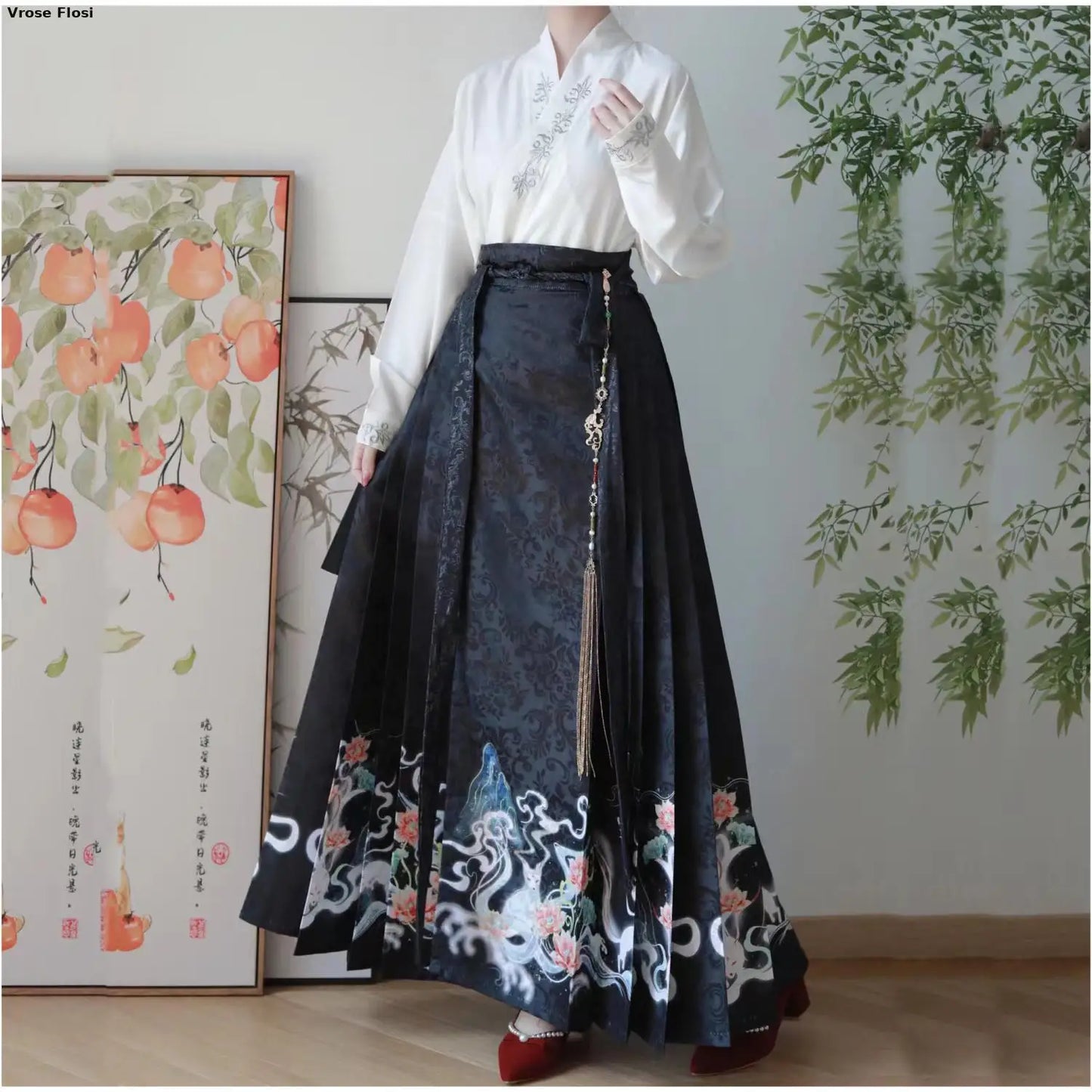Vintage Women Chinese Traditional Hanfu Cardigan Shirt + Blue Pleated Mamian Skirt Chinese Hot Hanfu Shirt Horse Face Skirt Set