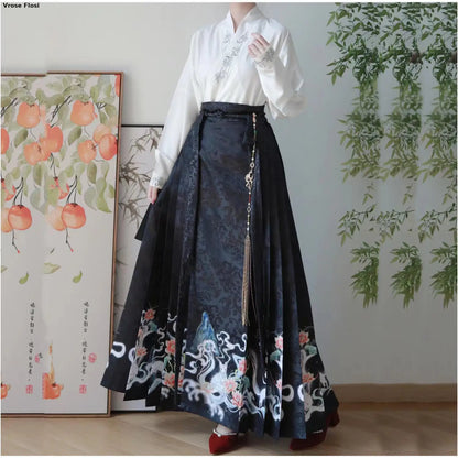 Vintage Women Chinese Traditional Hanfu Cardigan Shirt + Blue Pleated Mamian Skirt Chinese Hot Hanfu Shirt Horse Face Skirt Set