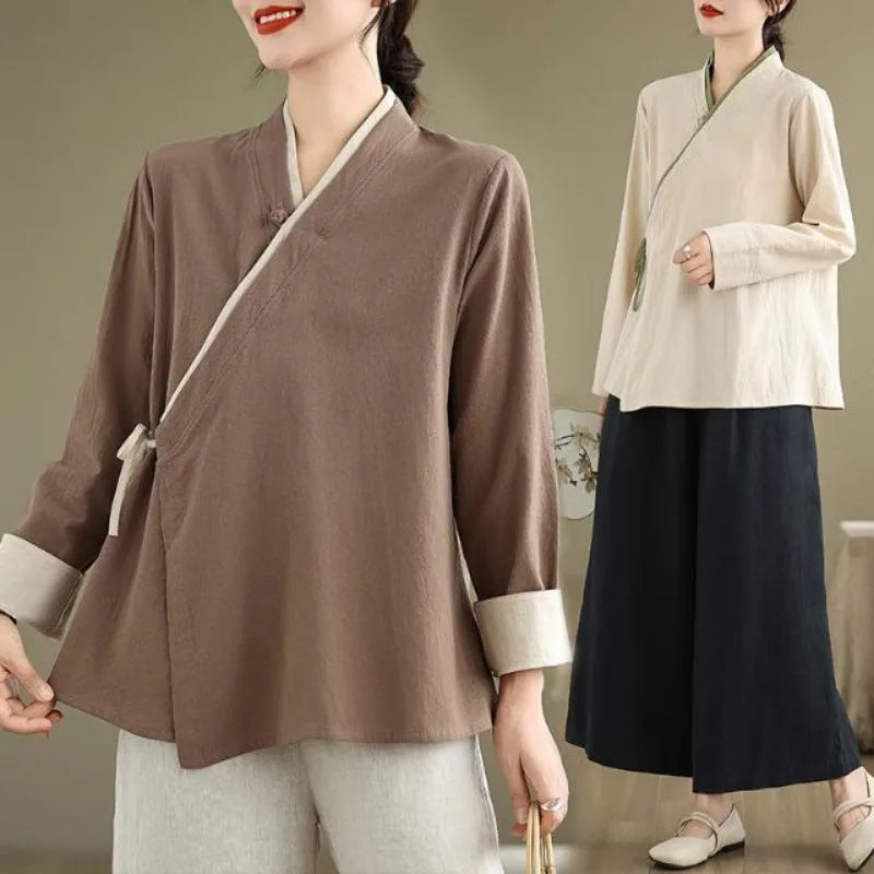 Womens Chinese Style Improved Hanfu Blouse Oblique V Neck Tie Side Contrast Trim Loose Cotton Linen Zen Tea Clothing Tops