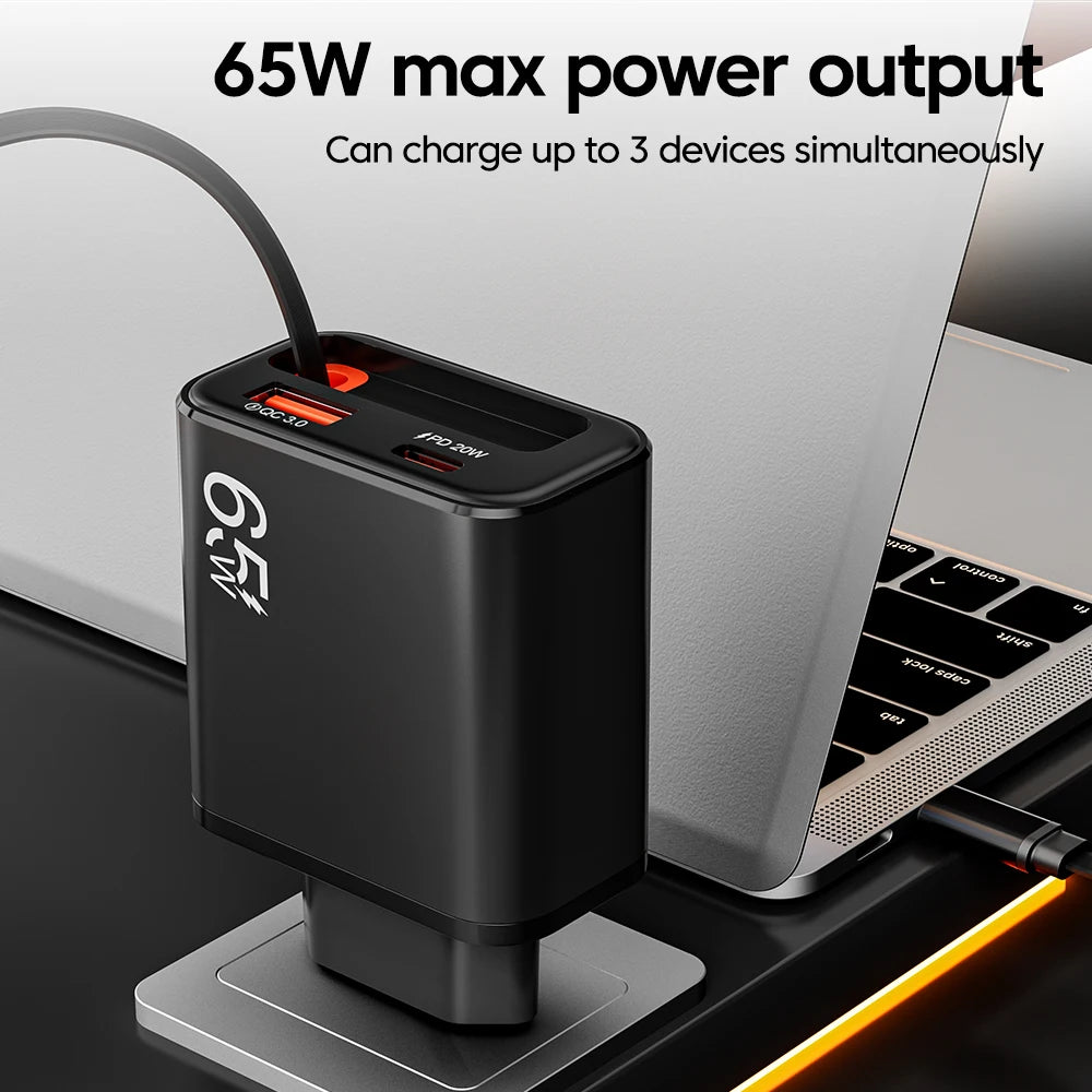 65W Super Fast Charge Type C USB Phone Charger With Retractable USB C Cable For Iphone 17 16 15 Samsung POCO Xiaomi