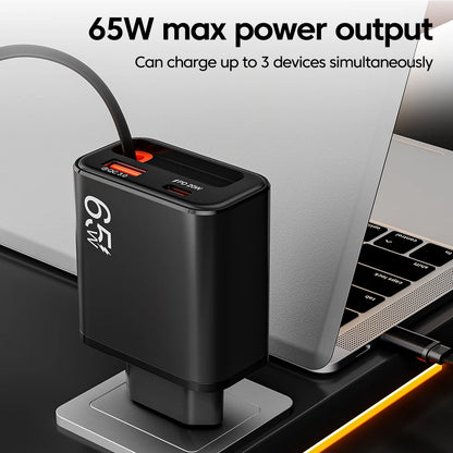 65W Super Fast Charge Type C USB Phone Charger With Retractable USB C Cable For Iphone 17 16 15 Samsung POCO Xiaomi