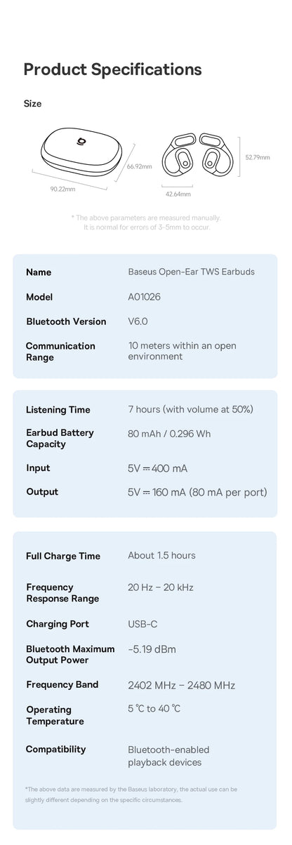 Baseus Eli 2i Fit Open-Ear Earphones True Wireless Bluetooth 6.0 Ear Hooks Headphones IPX5 Waterproof Sports Earbuds Bass Boost