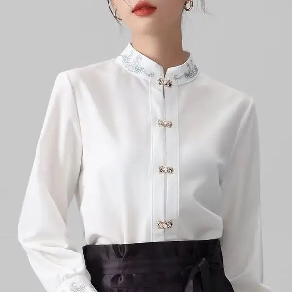 Chinese Style Standing Collar Long Sleeved Shirt for Early Spring Style with Embroidered Chinese Style Women's Clothing Inside