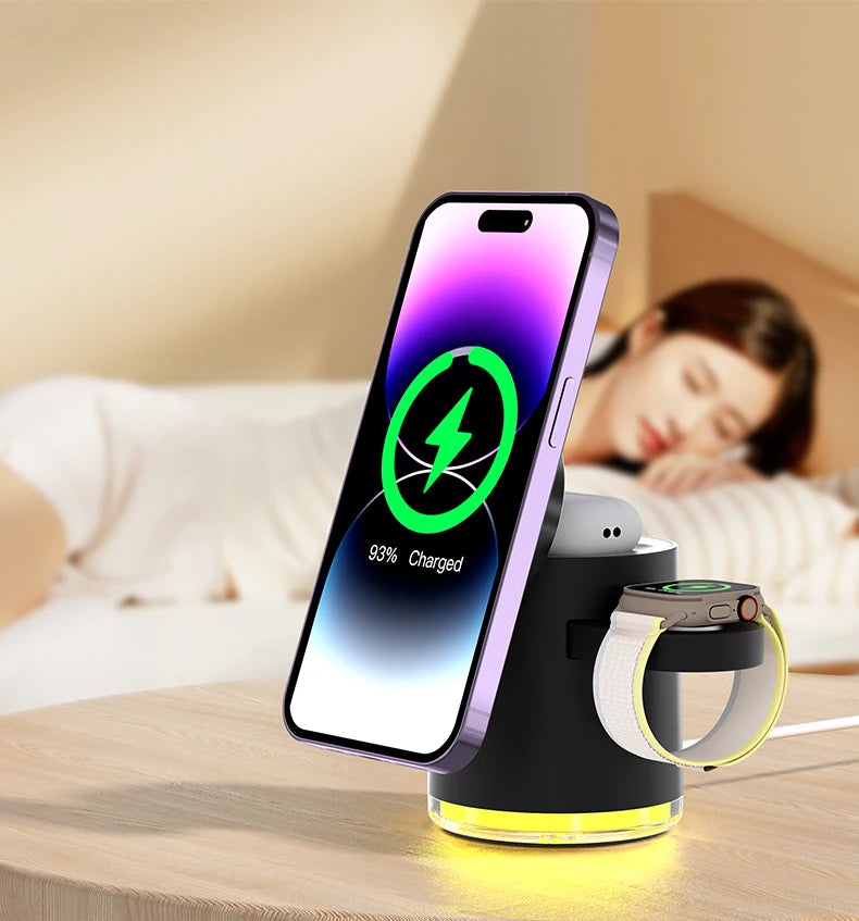 4 in 1 QI2 Wireless Charger Fast Charging Dock Stand Night Light For Magsafe iPhone 16 15 14 Pro Max Airpods Pro 2-8 Apple Watch