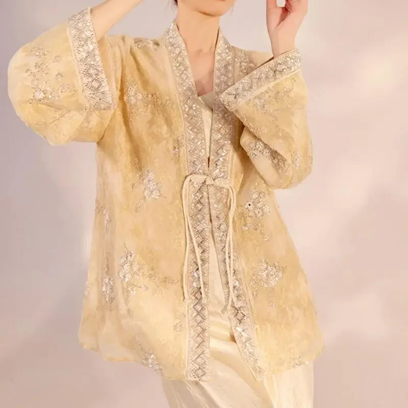 Chinese Style Tang Clothes Sequin Embroidery Hanfu Vintage Mandarin Collar Jacket Lady Elegant Tops Autumn Spring Outwear