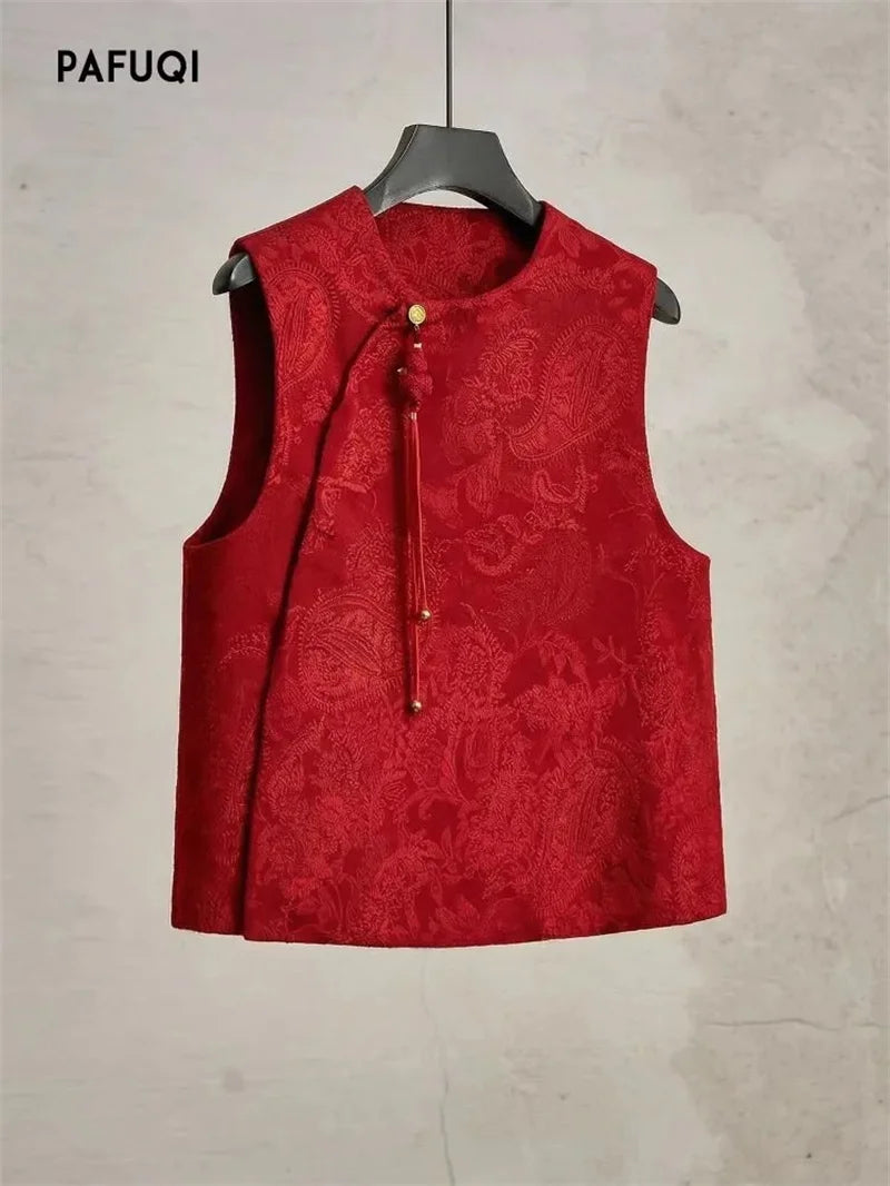 Chinese High-end Light National Style Cardigan Vest Coat in Spring and Summer Red Cashew Flower Round Neck New Year Vest Coat