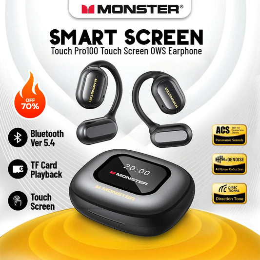 Monster Touch Pro100 OWS Ear Hook Headphones Smart Touch Screen Bluetooth 5.4 Earbuds Open Ear Wireless Earphone Support TF Card