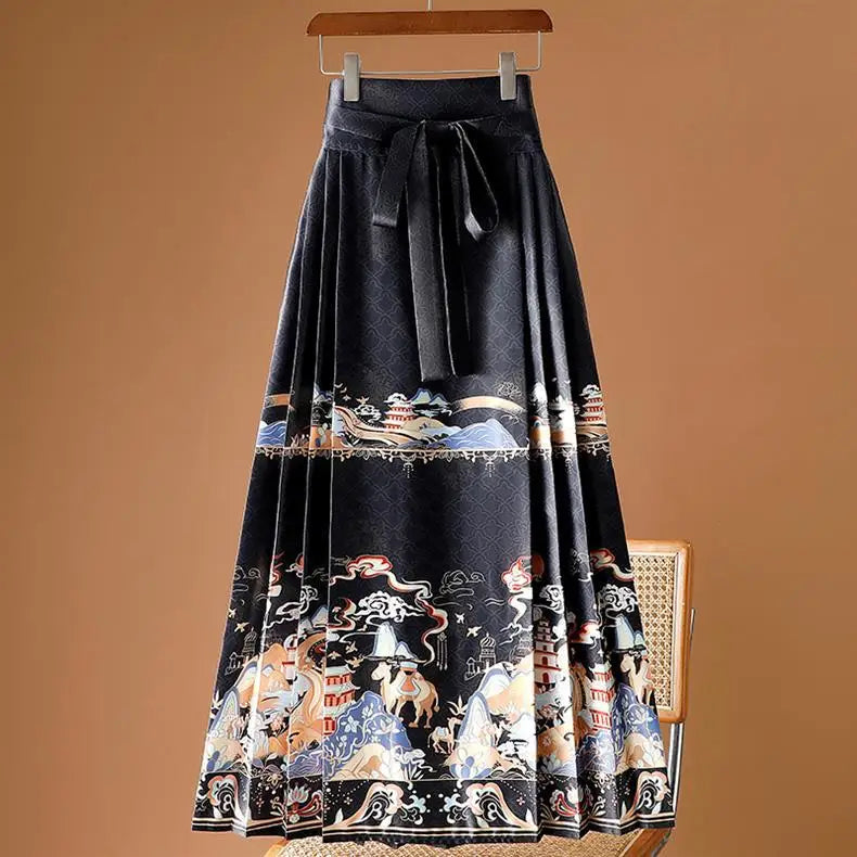 Vintage Maxi Chinese Style Horse Face Skirts for Women Saia One-piece Long Hanfu Pleated Skirt Woman Clothing Faldas Harajuku