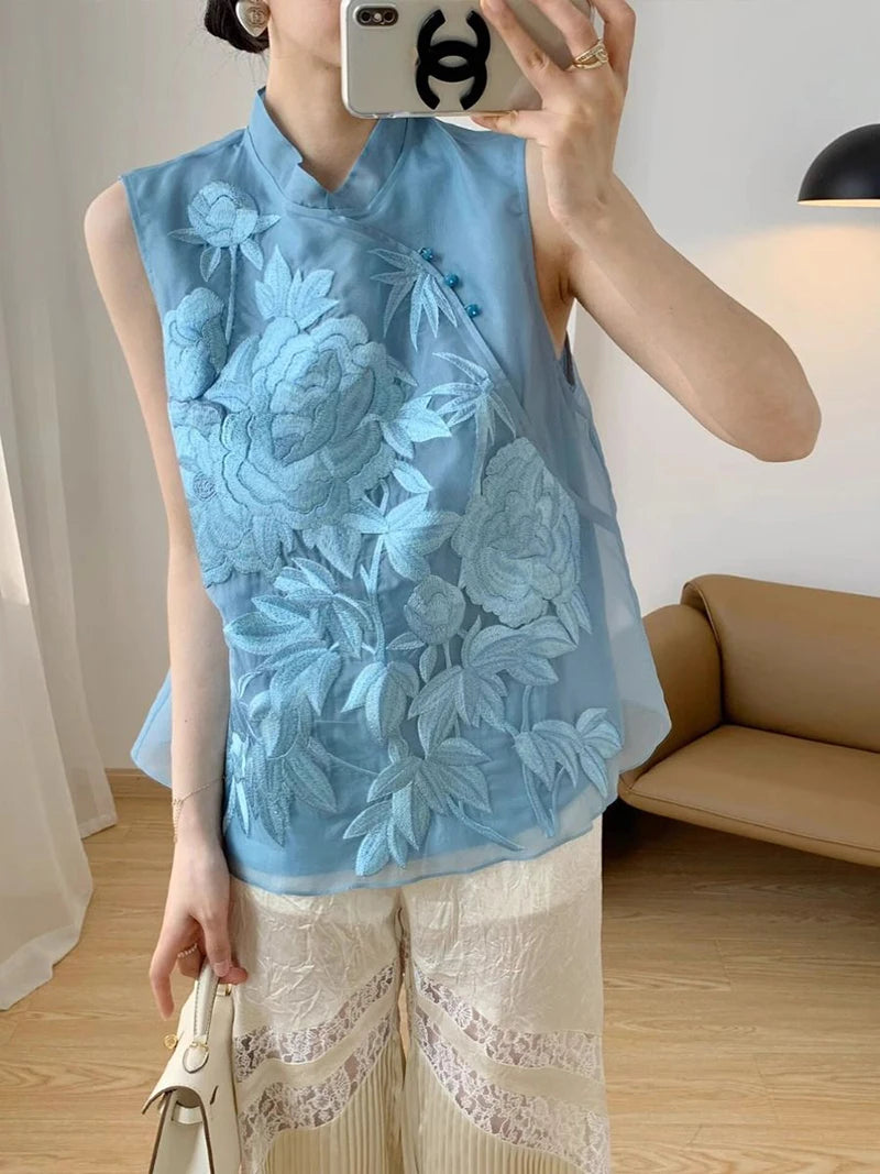 Summer Sleeveless Shirt Embroidered Slanted Stand Collar Chiffon Top Elegance Vest Blouse Chinese Style Women's Clothing