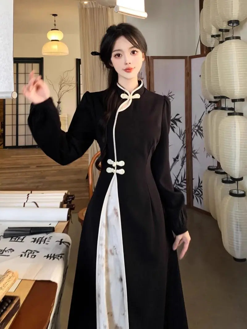 New Chinese National Style New Year Battle Robe Button Modified Qipao Long Dress Women Temperament Splicing Dark Pattern Dresses