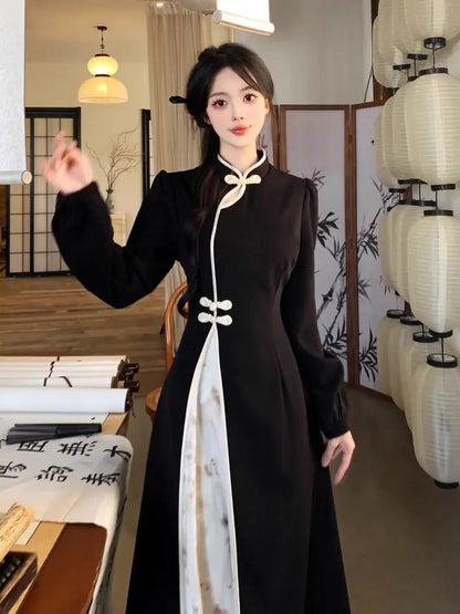 New Chinese National Style New Year Battle Robe Button Modified Qipao Long Dress Women Temperament Splicing Dark Pattern Dresses
