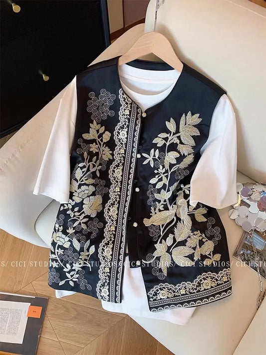 Floral Embroidered Satin Silk Vest Women Retro Chinese Vintage Ethnic Style Sleeveless Tops Oversized