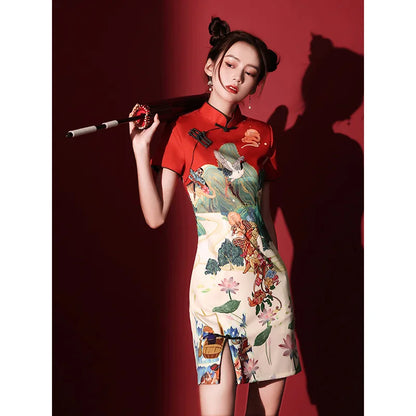 Y2K New Fashion Vintage Cheongsams Chinese Traditional Dress Personality Printed Improved Qipao ципао 치파오 Robe Soirée
