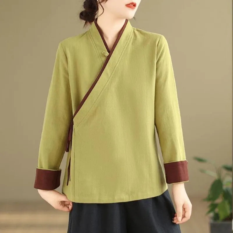 Womens Chinese Style Improved Hanfu Blouse Oblique V Neck Tie Side Contrast Trim Loose Cotton Linen Zen Tea Clothing Tops