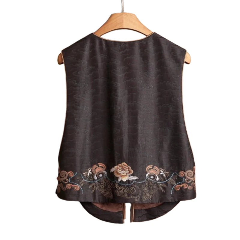Satin Silk Vest Jacket for Women Spring 2025 New V-Neck Chinese Style Embroidery Top Women's Fashion Outerwear