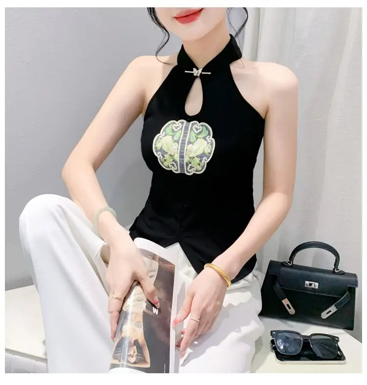 Chinese Style Embroidered Halterneck Vest Ladies Sleeveless Summer Wear Off-the-shoulder Small Suspender Chinese Slim Tank Top