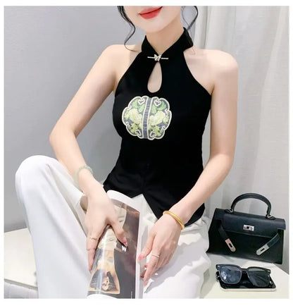 Chinese Style Embroidered Halterneck Vest Ladies Sleeveless Summer Wear Off-the-shoulder Small Suspender Chinese Slim Tank Top