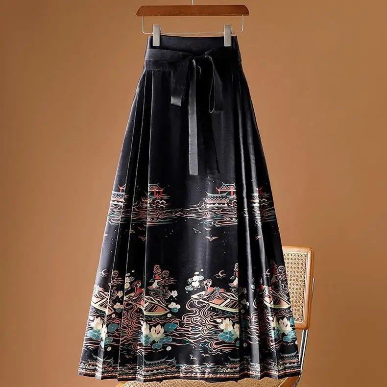 Vintage Maxi Chinese Style Horse Face Skirts for Women Saia One-piece Long Hanfu Pleated Skirt Woman Clothing Faldas Harajuku