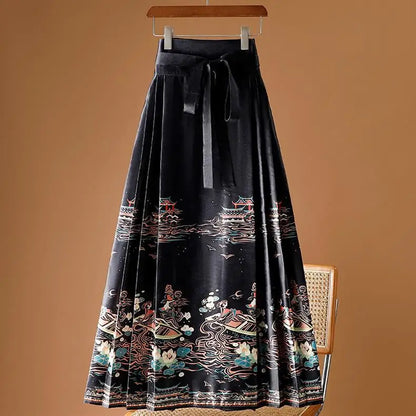 Vintage Maxi Chinese Style Horse Face Skirts for Women Saia One-piece Long Hanfu Pleated Skirt Woman Clothing Faldas Harajuku