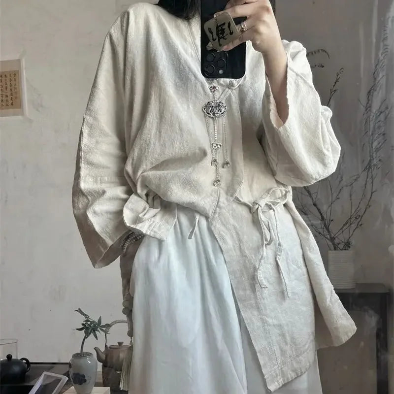 Chinese Style Diagonal Closure Zen Womens Tops Fashion Cotton Linen Asymmetrical Placket Blouse Women Loose Fit Clothes