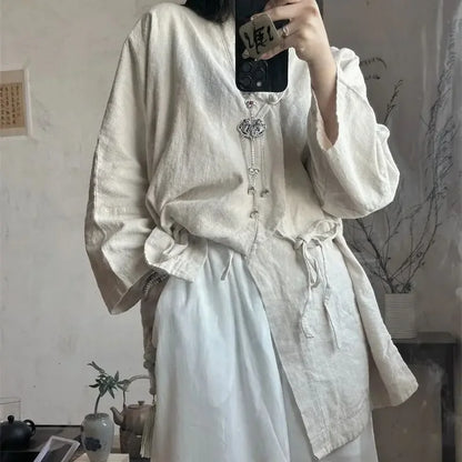 Chinese Style Diagonal Closure Zen Womens Tops Fashion Cotton Linen Asymmetrical Placket Blouse Women Loose Fit Clothes