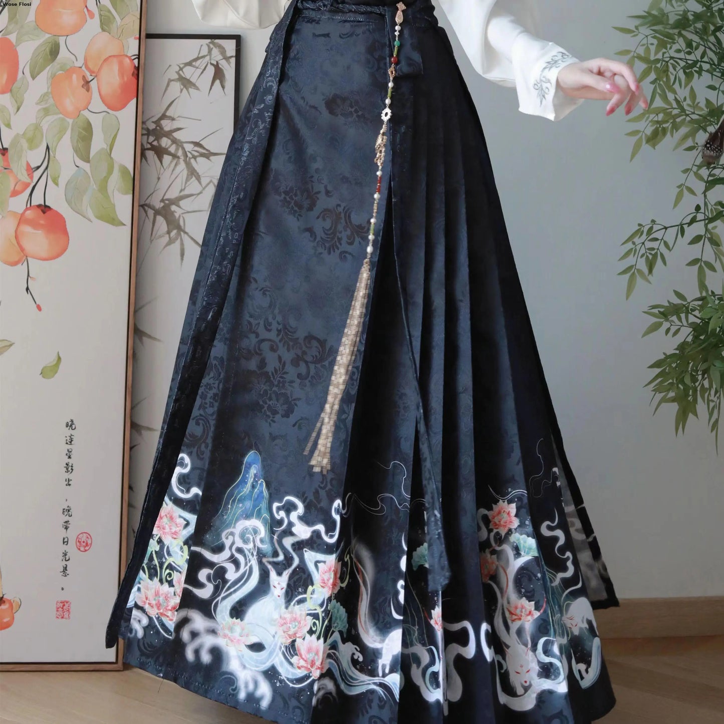 Vintage Women Chinese Traditional Hanfu Cardigan Shirt + Blue Pleated Mamian Skirt Chinese Hot Hanfu Shirt Horse Face Skirt Set