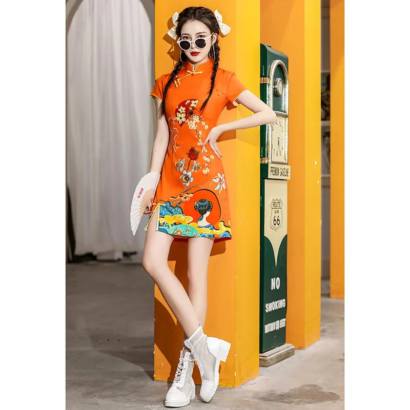 Y2K High Street New Fashion Cheongsams Women Improved Qipao Personality Printed Chinese Dress ципао 치파오 Robe Soirée Femme Luxe