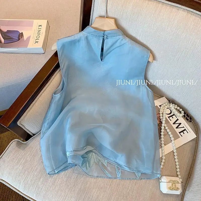 Summer Sleeveless Shirt Embroidered Slanted Stand Collar Chiffon Top Elegance Vest Blouse Chinese Style Women's Clothing