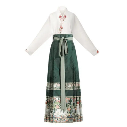 New Chinese Horse Face Skirt Two-piece Women's 2024 New Hanfu Female Tops Fashion Loose Print Birthday Party Banquet Dance Dress