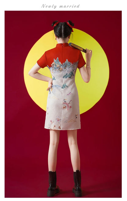Women's Modern Cheongsam Dress - Red Retro Floral Print Qipao Modern Chic Chinese Style Party Dress