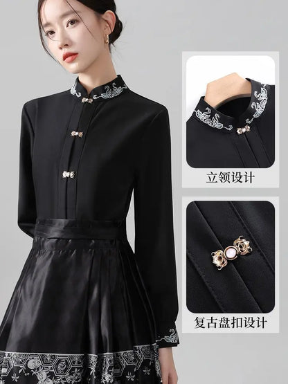 Chinese Style Standing Collar Long Sleeved Shirt for Early Spring Style with Embroidered Chinese Style Women's Clothing Inside