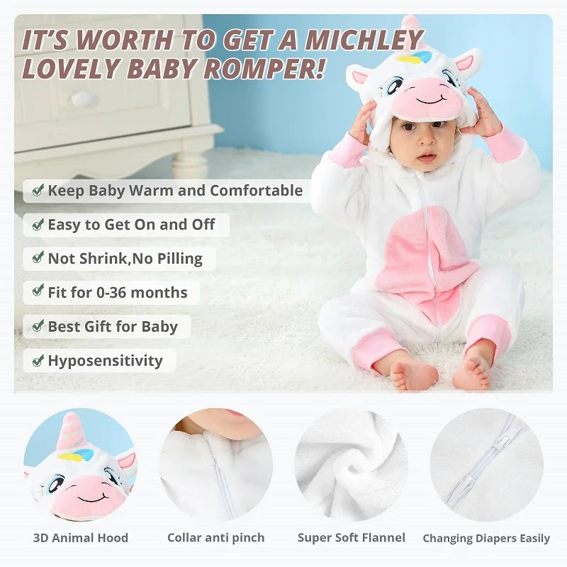 MICHLEY Carniva Baby Rompers Winter Clothes Flannel Hooded Bodysuits Pajamas Animals Overall Jumpsuit For Girls Boys Kids