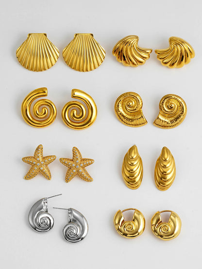 Vintage Stainless Steel Gold Plated Texture Snail Conch Shell Earrings for Women CZ Zircon Starfish Earring Beach Jewelry Gifts