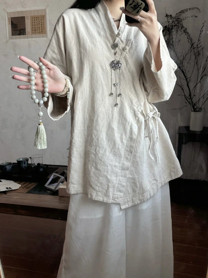 Chinese Style Diagonal Closure Zen Womens Tops Fashion Cotton Linen Asymmetrical Placket Blouse Women Loose Fit Clothes
