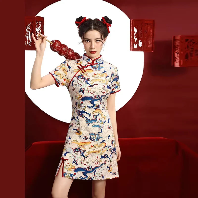 Chinese Dragon Pattern Vintage Improved Qipao Chinese Traditional Dress Niche Design Chinese Dress ципао Vestidos Para Mujer