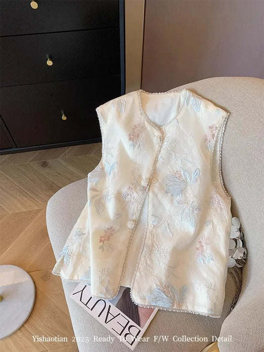 Floral Embroidery Vest Women Ruffle Sleeveless Embroidered Tops Chinese Style Ethnic Vintage Tang Vest