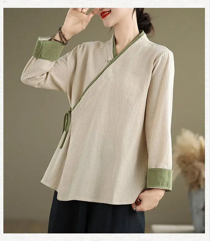 Womens Chinese Style Improved Hanfu Blouse Oblique V Neck Tie Side Contrast Trim Loose Cotton Linen Zen Tea Clothing Tops