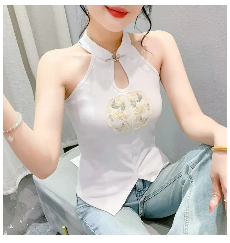 Chinese Style Embroidered Halterneck Vest Ladies Sleeveless Summer Wear Off-the-shoulder Small Suspender Chinese Slim Tank Top
