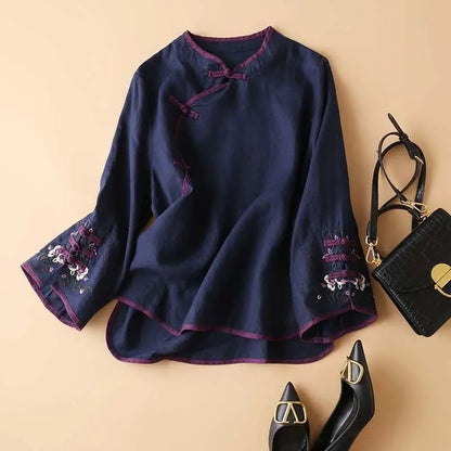 2023 Chinese Style Embroidery Blouse for Women  Summer O-neck Short Sleeve Cotton and  Linen traditional Tang suit Top