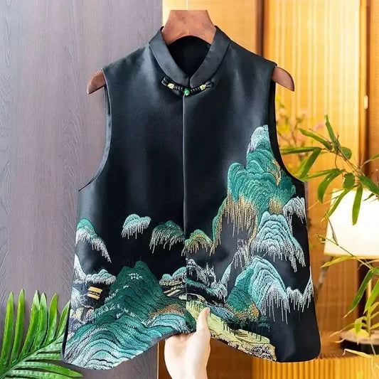 Satin Silk Embroidered Vest Women Chinese Style Vintage Vest Sleeveless Retro Tops Female Autumn New Fashion