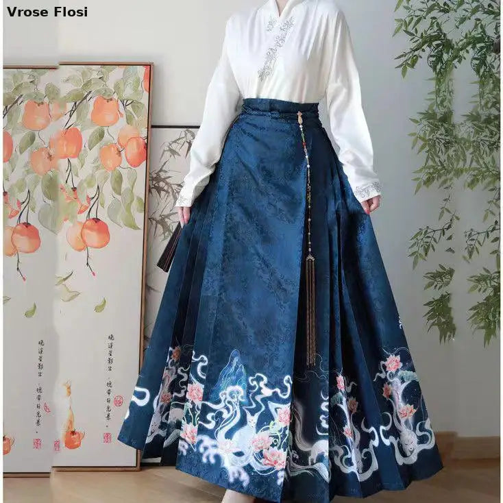 Vintage Women Chinese Traditional Hanfu Cardigan Shirt + Blue Pleated Mamian Skirt Chinese Hot Hanfu Shirt Horse Face Skirt Set