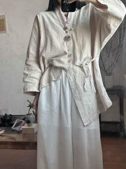 Chinese Style Diagonal Closure Zen Womens Tops Fashion Cotton Linen Asymmetrical Placket Blouse Women Loose Fit Clothes