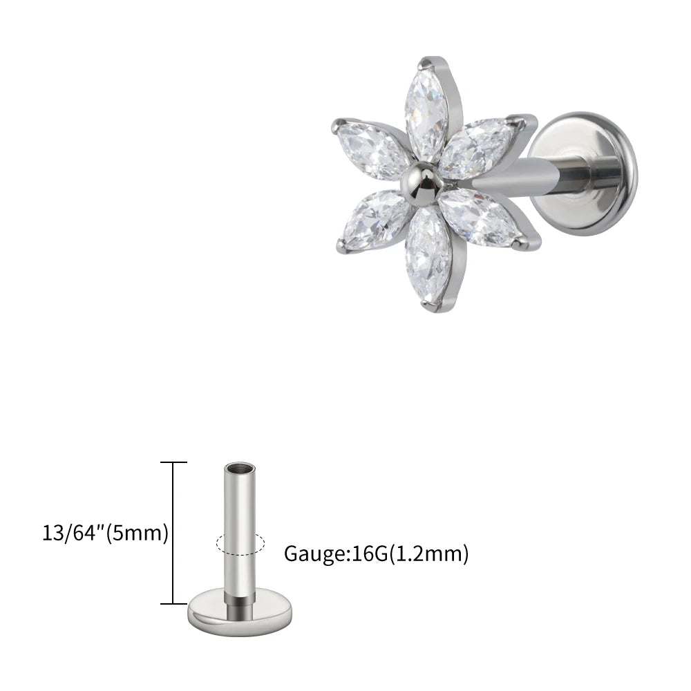 Right Grand ASTM F136 Titanium 16G Marquise Flower CZ Labret Stud Helix Conch Cartilage Tragus Flat Back Piercing Body jewelry