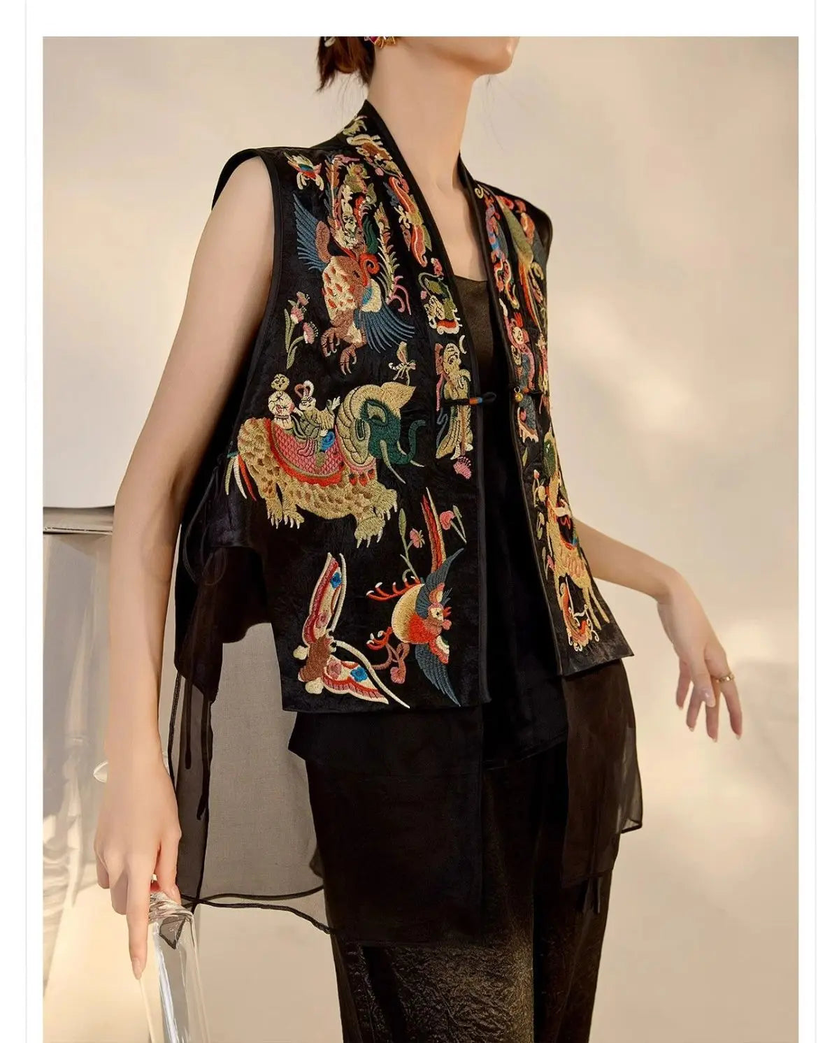 Oriental Vintage Tang Suit Women Vest Black Jacquard Heavy Phoenix Embroidery Organza Splicing Side Tie Sleeveless Waistcoat