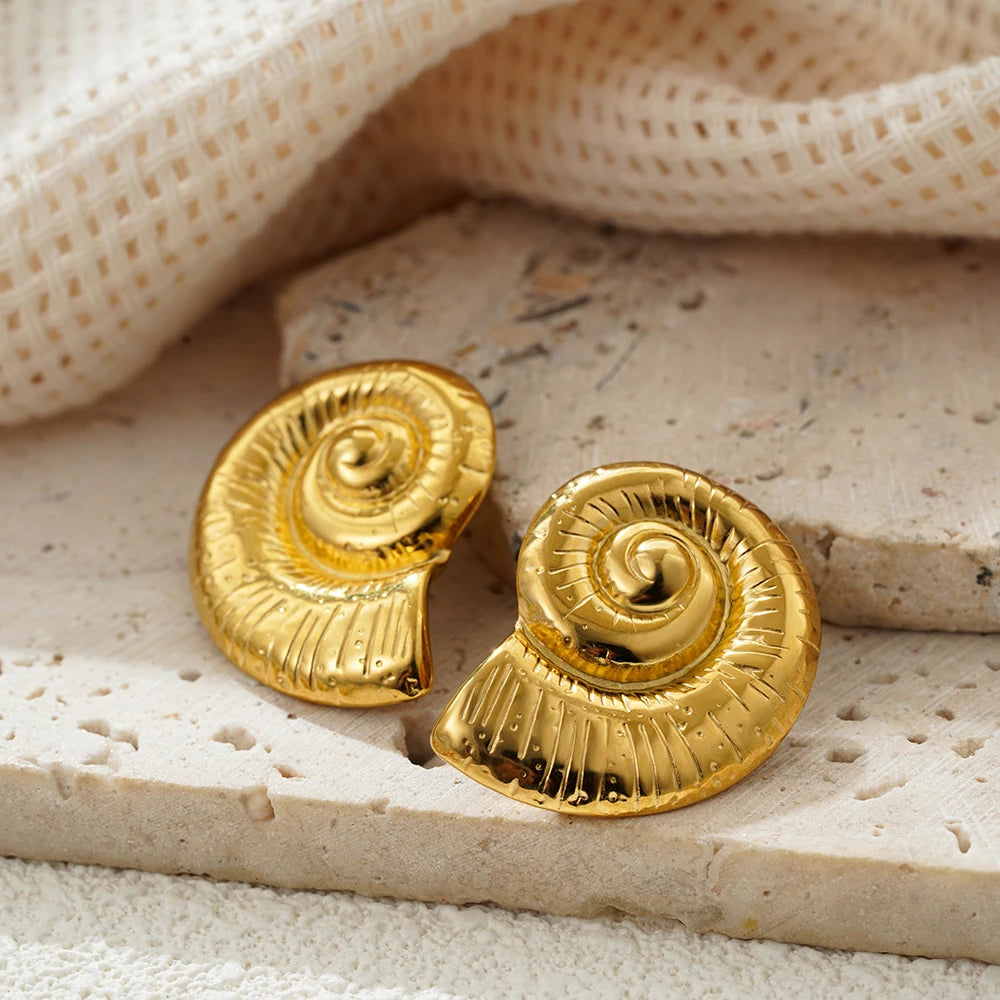 Vintage Stainless Steel Gold Plated Texture Snail Conch Shell Earrings for Women CZ Zircon Starfish Earring Beach Jewelry Gifts