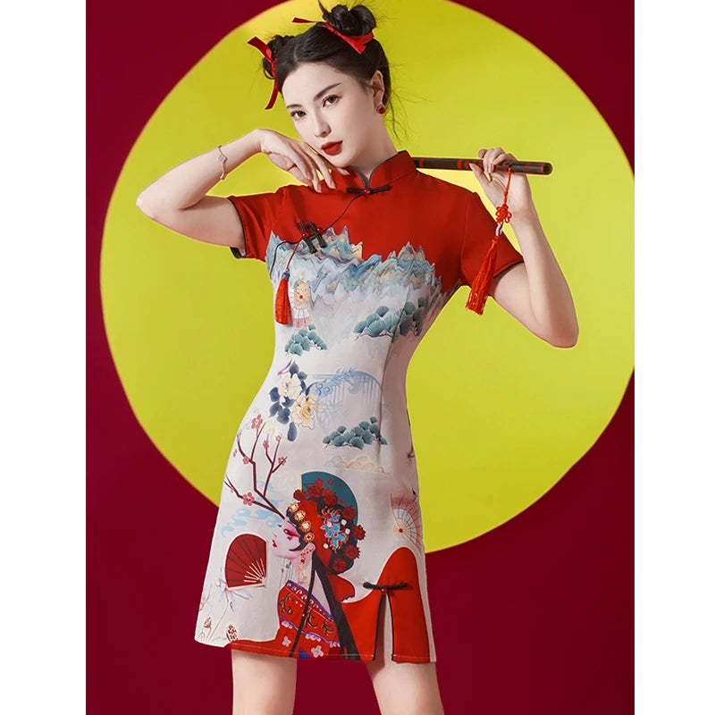 Women's Modern Cheongsam Dress - Red Retro Floral Print Qipao Modern Chic Chinese Style Party Dress